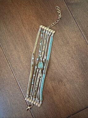 Multistrand Aqua Bead and Gold-Tone Bracelet from Thailand